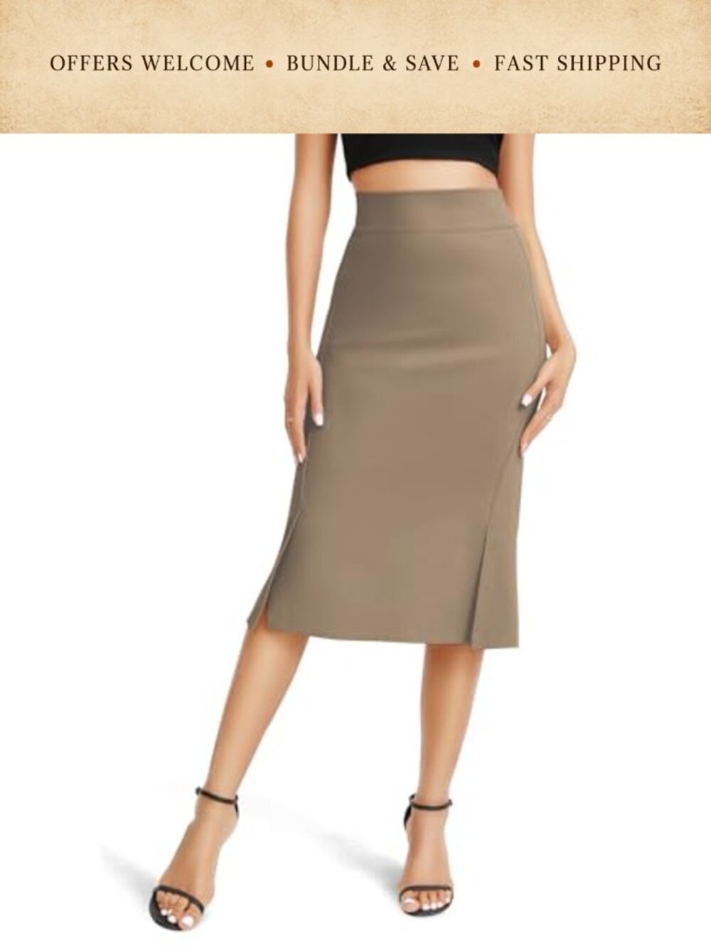 High Waist Fishtail Pencil Midi Skirt with Slit Stretch Office